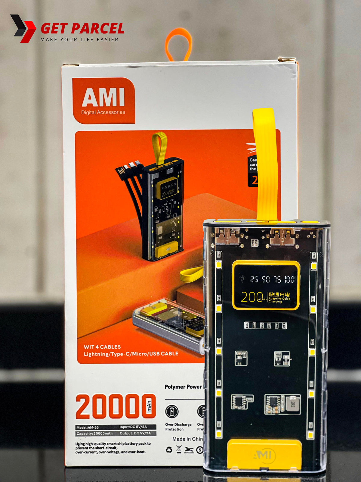 Hot Selling AMI Transparent 20000mAh Powerful Power Bank With 4 Cables Portable Power Bank