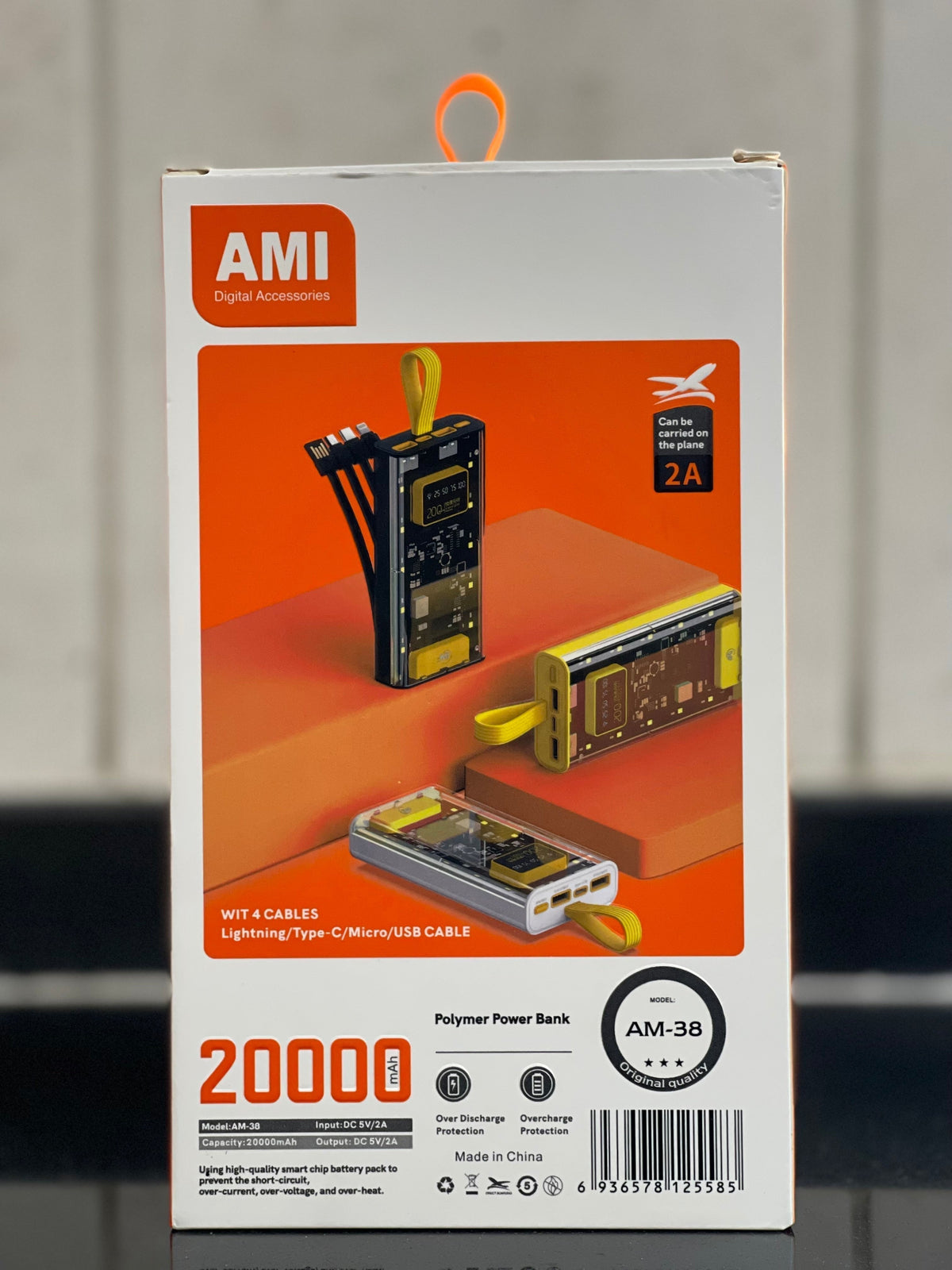 Hot Selling AMI Transparent 20000mAh Powerful Power Bank With 4 Cables Portable Power Bank