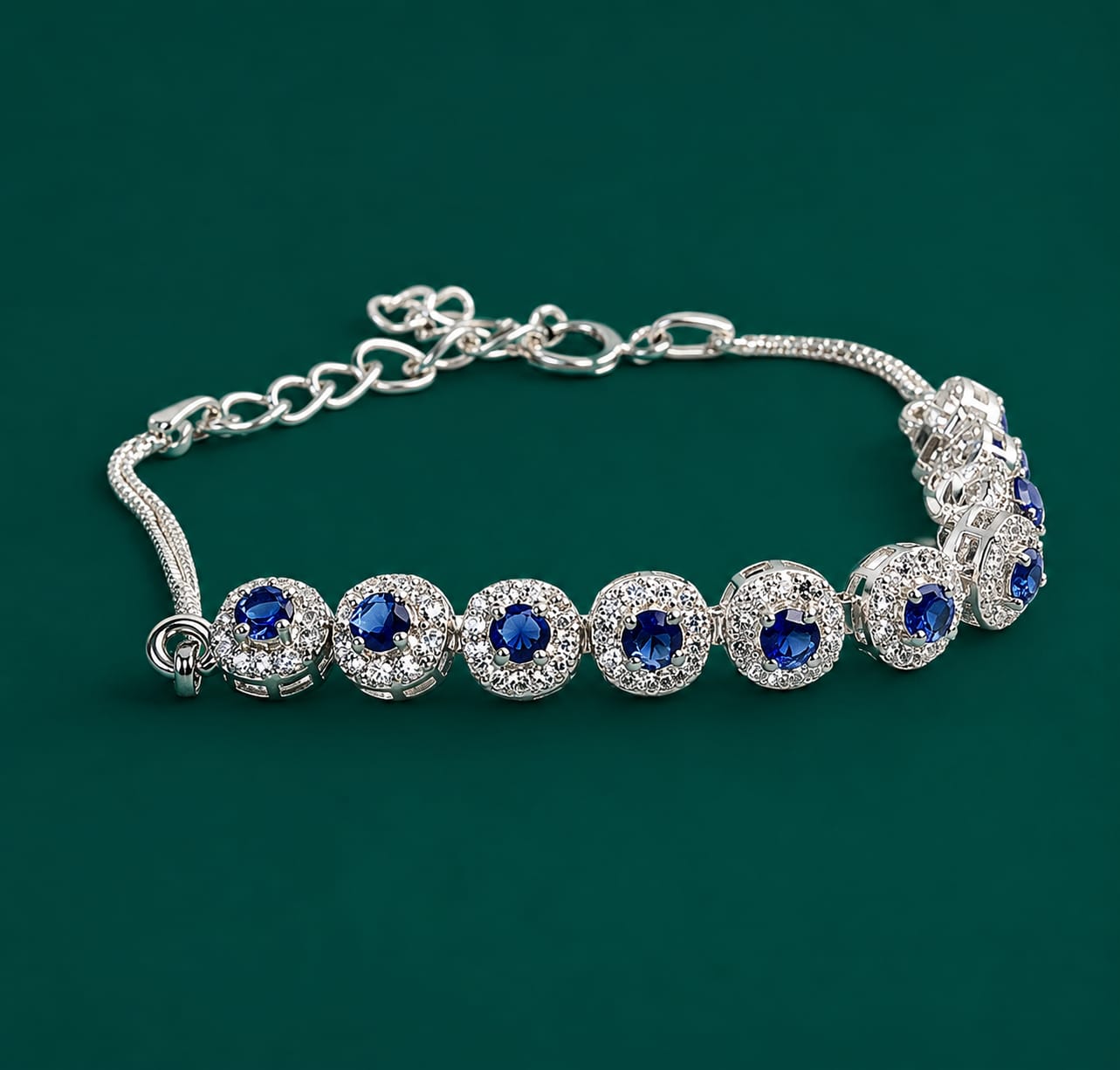 Elegant Sliver Bracelet With Sapphire Blue Gemstones