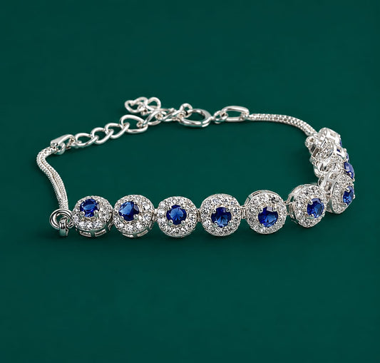 Elegant Sliver Bracelet With Sapphire Blue Gemstones