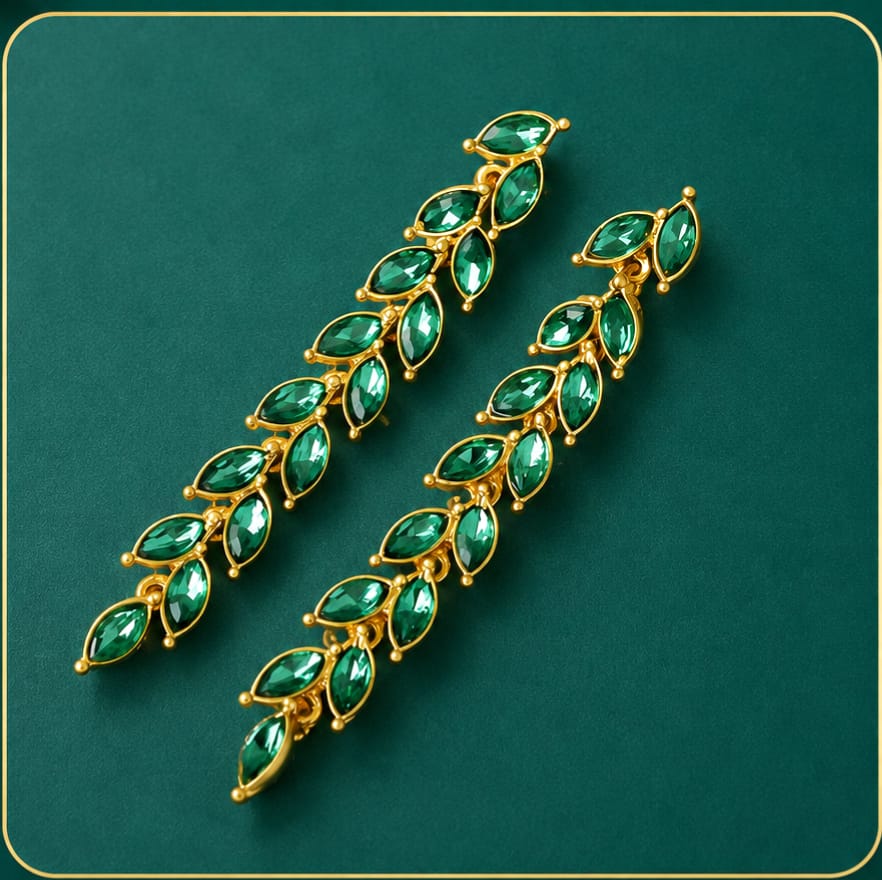 Micro-inlaid Green Zircon Wheat Earrings With A Personalized Long Tassel Design