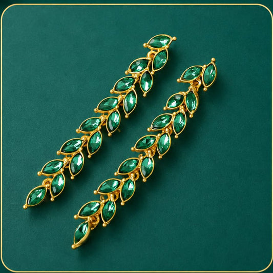 Micro-inlaid Green Zircon Wheat Earrings With A Personalized Long Tassel Design