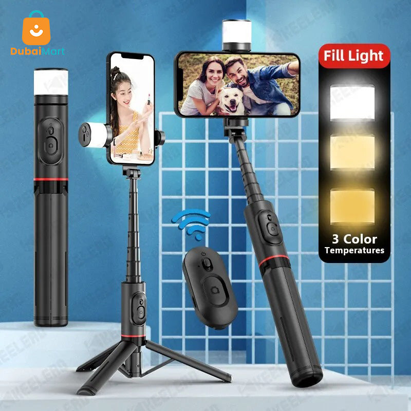 Selfie Stick Tripod with Fill Light Portable Wireless Bluetooth Telescopic for Huawei iPhone 13 14 Android Xiaomi